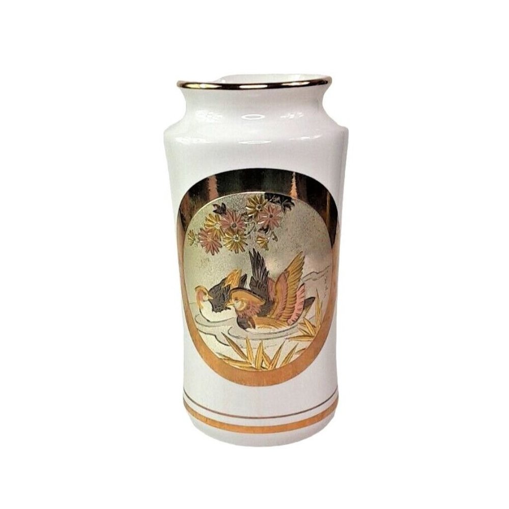 Vintage Art of Chokin White & 24K Gold Trim Made in Japan Swans Design Vase 6"